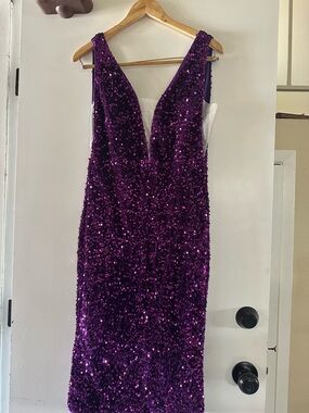 Sequined Deep V Purple Evening Dress